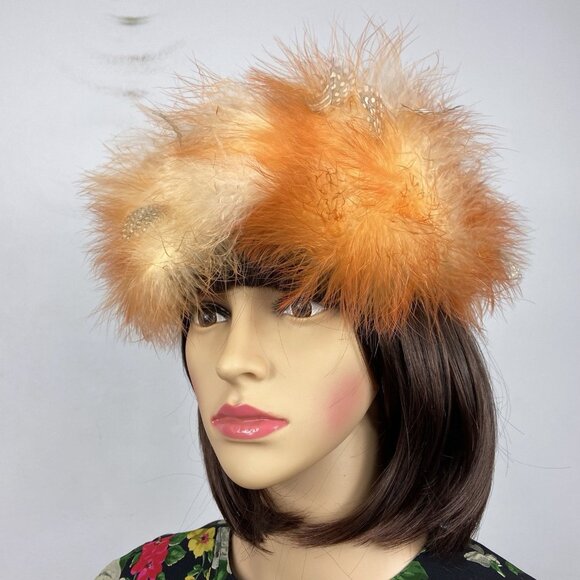 Vtg 1950s Schiaparelli Paris Satin & Feathers Cocktail Hat Size 22 Orange main image 4